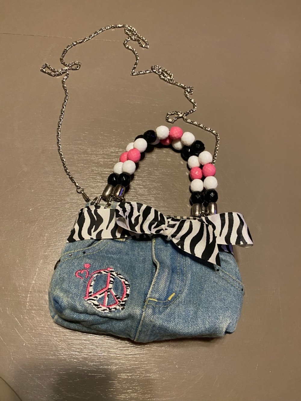 Y2K Bootie Bag Mini Denim Purse Zebra Print Beaded Handle Crossbody
